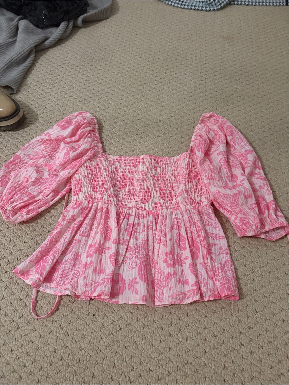 Pink Floral Smocked Square-Neck Blouse